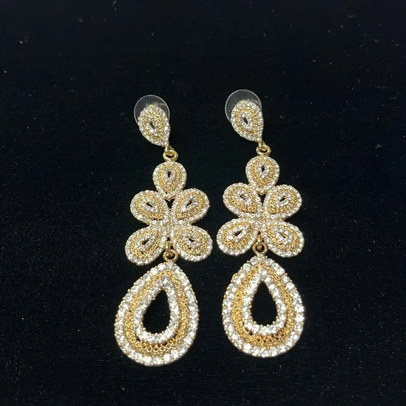 RHINESTONE/GOLD EVENING 3" Drop Glamour Party Wedding Pierced Cocktail Earrings - Picture 2 of 11
